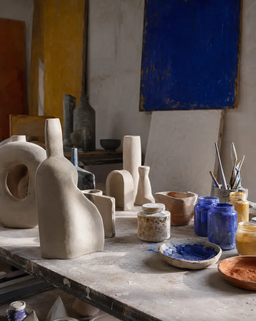 Atelier d'artiste avec céramiques et pigments